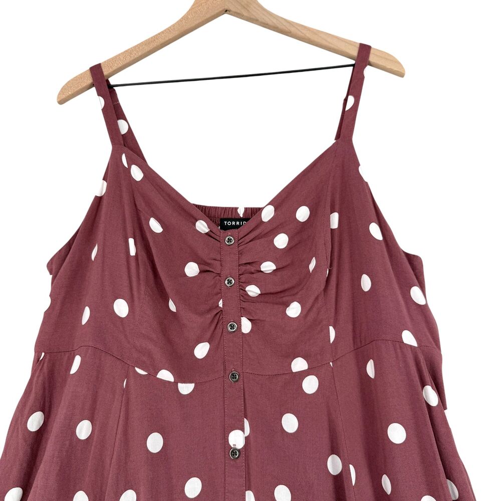 Torrid Midi Challis Dress 2X Brown Polka Dot Button Smocked Sweetheart Pockets - Picture 3 of 12